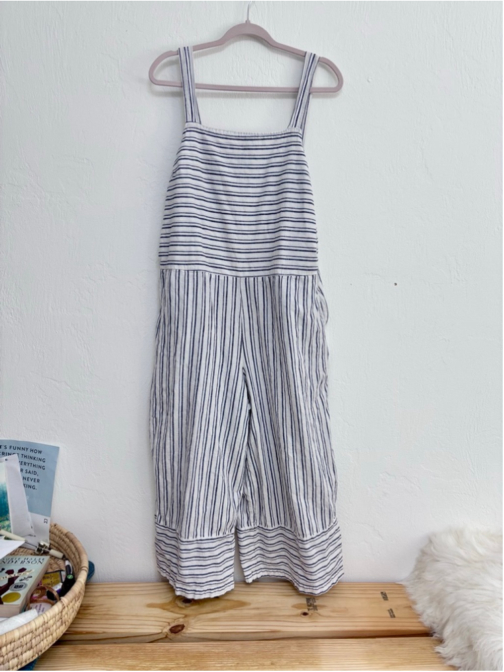 Women's Beachlunchlounge Striped Jumpsuit XL White Navy Linen Cotton